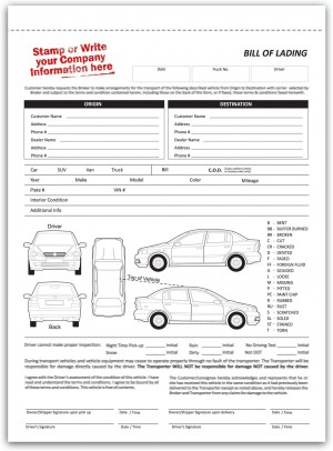 Auto Transport  Bill of Lading with 1 Car , No name Printed  