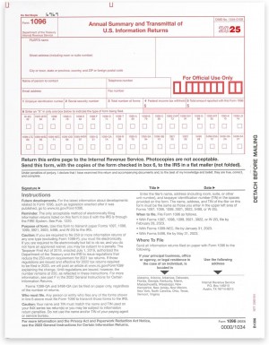 1096 Transmittal 2025 Tax Forms, Pack of 25, for Laser or Inkjet Printers, Quickbooks and Other Accounting Software Compatible