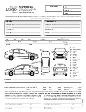 Auto Transport Bill of Lading with 1 Car, Style #1