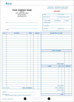 8-1/2 x 11'' Job Invoice 500 sets per book 3/4 part carbonless