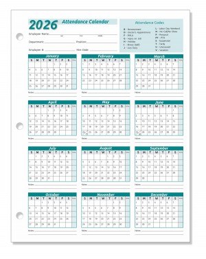 Work Tracker Attendance Calendar Cards 8 ½ X 11