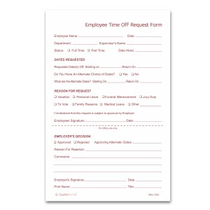 Pack of 100 Sets 2 Part NCR Carbonless Time Off Request Forms