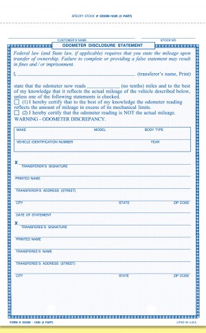 5 2/3" x 8 1/2", 3-4 Part Odometer Disclosure Statement 